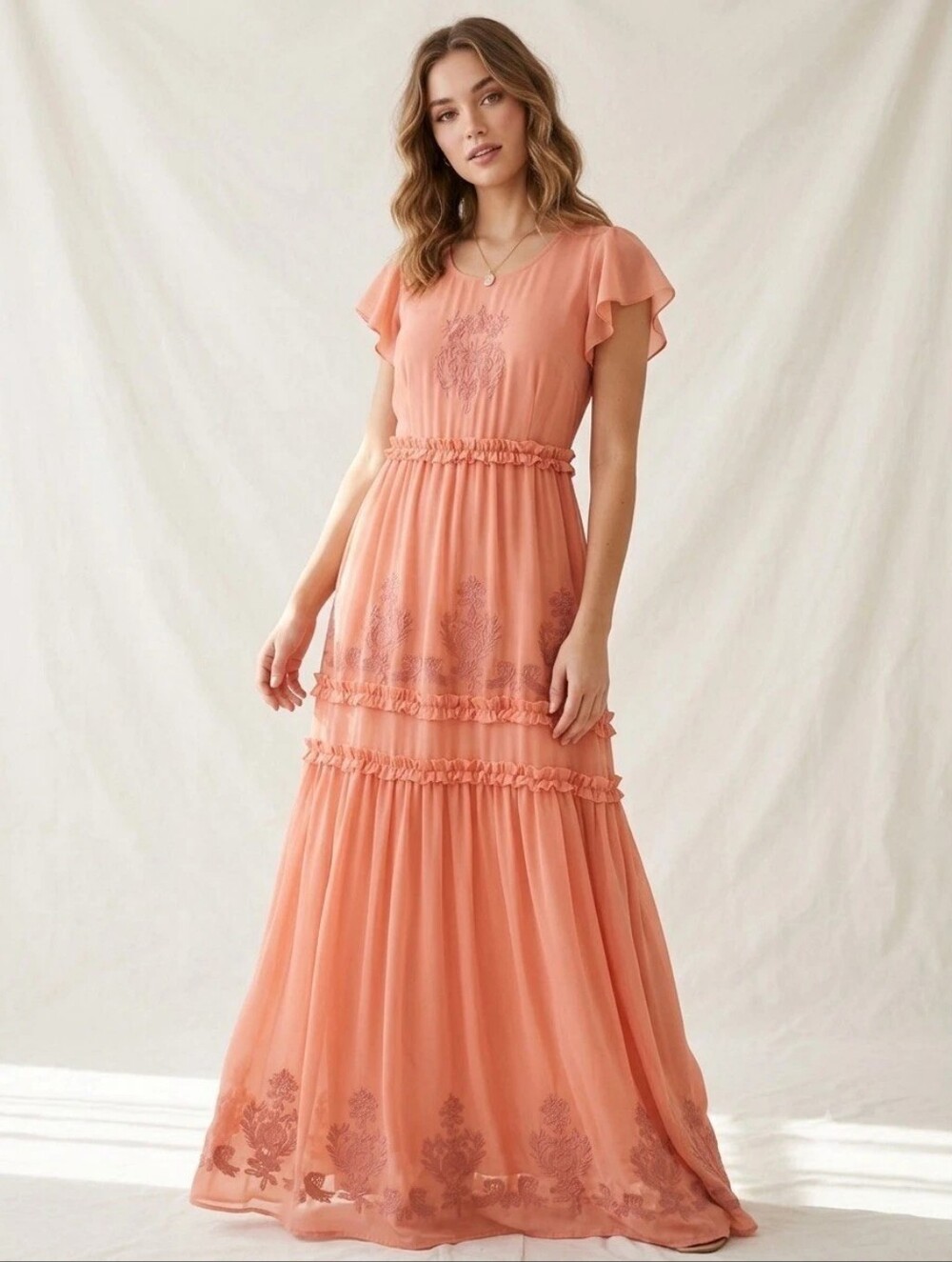 Boho Embroidered Long Sheer Cottagecore Ruffled Maxi Dress